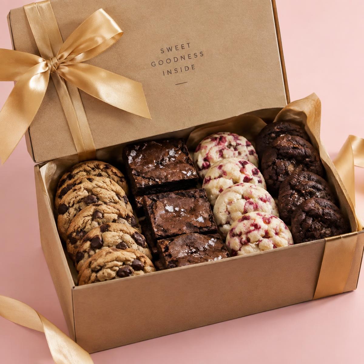 Open gift box of assorted cookies and brownies tied with a gold ribbon