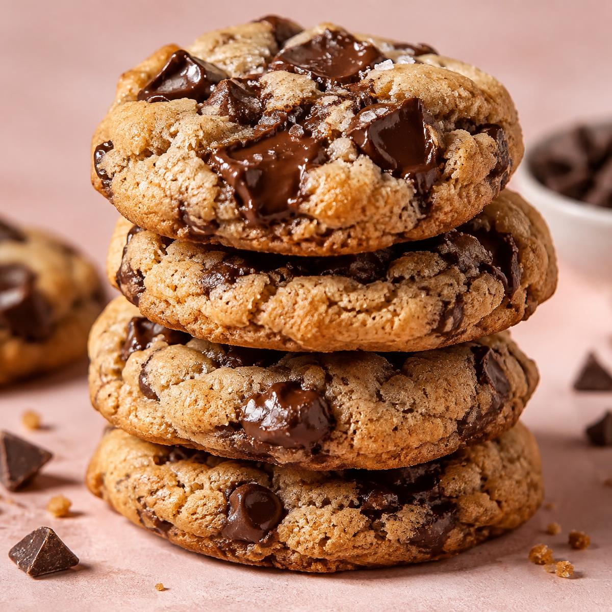 Stack of classic chocolate chip cookies with melting chocolate